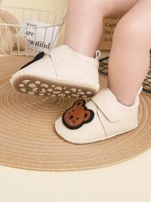 1雙男女童拼接pu設計平底鞋,熊貓紋,適用於春秋季節 - 杏色 - 查看 4