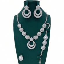 4pcs Luxury Fully Paved Rhinestone Wavy Pendant Jewelry Set Includes Necklace, Earrings, Ring, Bracelet - Suitable For Girlfriend, Gift, Formal Event, Wedding Dress Accessories