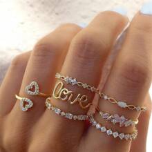 Set de 7 anillos de dedo con letras del amor y strass dorado para mujeres, accesorios decorativos de estilo para el Día de San Valentín - Dorado - Ver 1