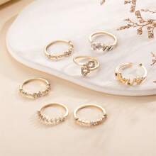 Set de 7 anillos de dedo con letras del amor y strass dorado para mujeres, accesorios decorativos de estilo para el Día de San Valentín - Dorado - Ver 7