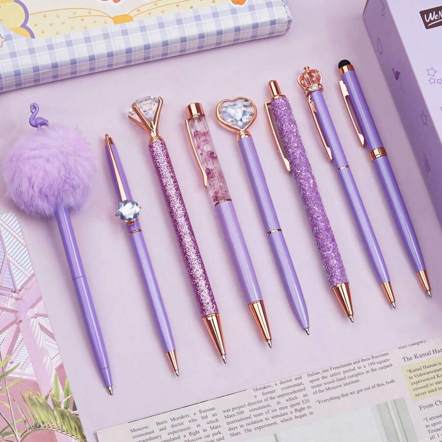 8 Pieces Ballpoint Pen Set Metal Crystal Diamond Pen Glitter Pen For Journaling Black & Blue Ink Pretty Cute Writing Pens Fancy Pens Gifts For Women Office Home Suitable For Pupils, Students, Colleges - 紫色 - 查看 1