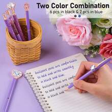 8 Pieces Ballpoint Pen Set Metal Crystal Diamond Pen Glitter Pen For Journaling Black & Blue Ink Pretty Cute Writing Pens Fancy Pens Gifts For Women Office Home Suitable For Pupils, Students, Colleges - 紫色 - 查看 8