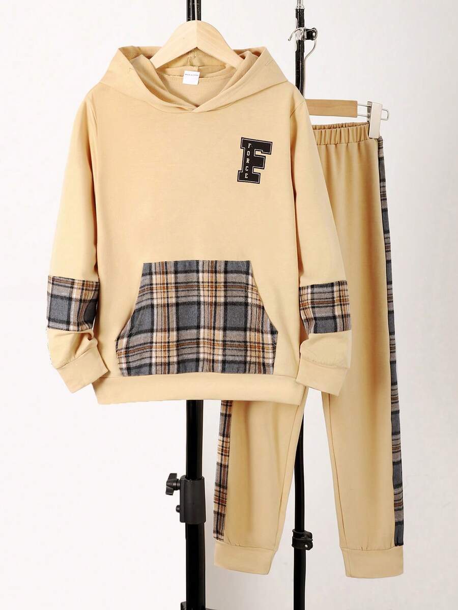 Bộ Đối với Bé trai tuổi teen , Đúng mốt Và Giải trí , Vá lại Kẻ sọc áo có mũ Túi Dài tay Áo nỉ Và Quần Bộ đồ - Màu be - Xem 1