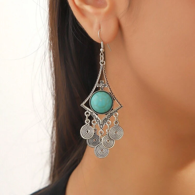 2 piezas Conjunto de aretes de mujer plateados, joyas de aleación de zinc con estilo bohemio vintage con turquesa y borlas, para uso diario o casual, regalo del Día de San Valentín, Día de la Madre y decoración personalizada para fiestas - azul claro 08 - Ver 9