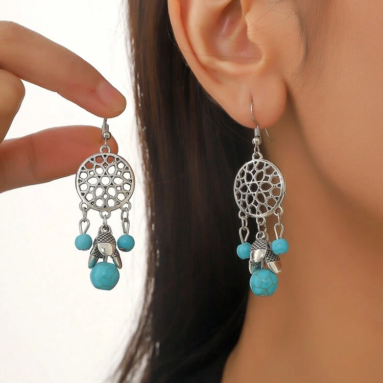 2 piezas Conjunto de aretes de mujer plateados, joyas de aleación de zinc con estilo bohemio vintage con turquesa y borlas, para uso diario o casual, regalo del Día de San Valentín, Día de la Madre y decoración personalizada para fiestas - azul claro 08 - Ver 11