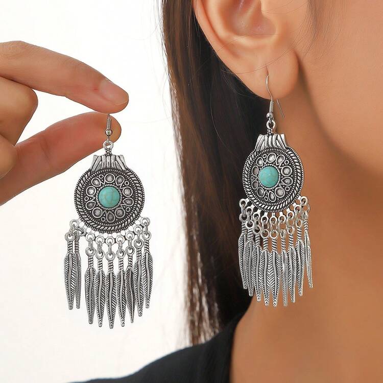 2 piezas Conjunto de aretes de mujer plateados, joyas de aleación de zinc con estilo bohemio vintage con turquesa y borlas, para uso diario o casual, regalo del Día de San Valentín, Día de la Madre y decoración personalizada para fiestas - azul claro 08 - Ver 3