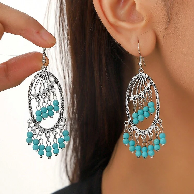 2 piezas Conjunto de aretes de mujer plateados, joyas de aleación de zinc con estilo bohemio vintage con turquesa y borlas, para uso diario o casual, regalo del Día de San Valentín, Día de la Madre y decoración personalizada para fiestas - azul claro 08 - Ver 10