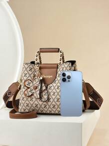 1pc Khaki-Colored Fashionable Handbag, Embossed With Full Flower Print, With Pu Material, Comes With Flower Pendant, Women's High-End Mini Handbag, Fashion Letters Pattern, Chic And Shoulder Bag Suitable For Various Occasions, Large Capacity Tote Bag Perfect For Daily Use, Dating, Gifting And Traveling, Best Mother's Day Gift Ideas, Mother Day Gifts, Mom Gifts, Mommy's Essentials, Mommy Bag For Going Out - Khaki - View 2