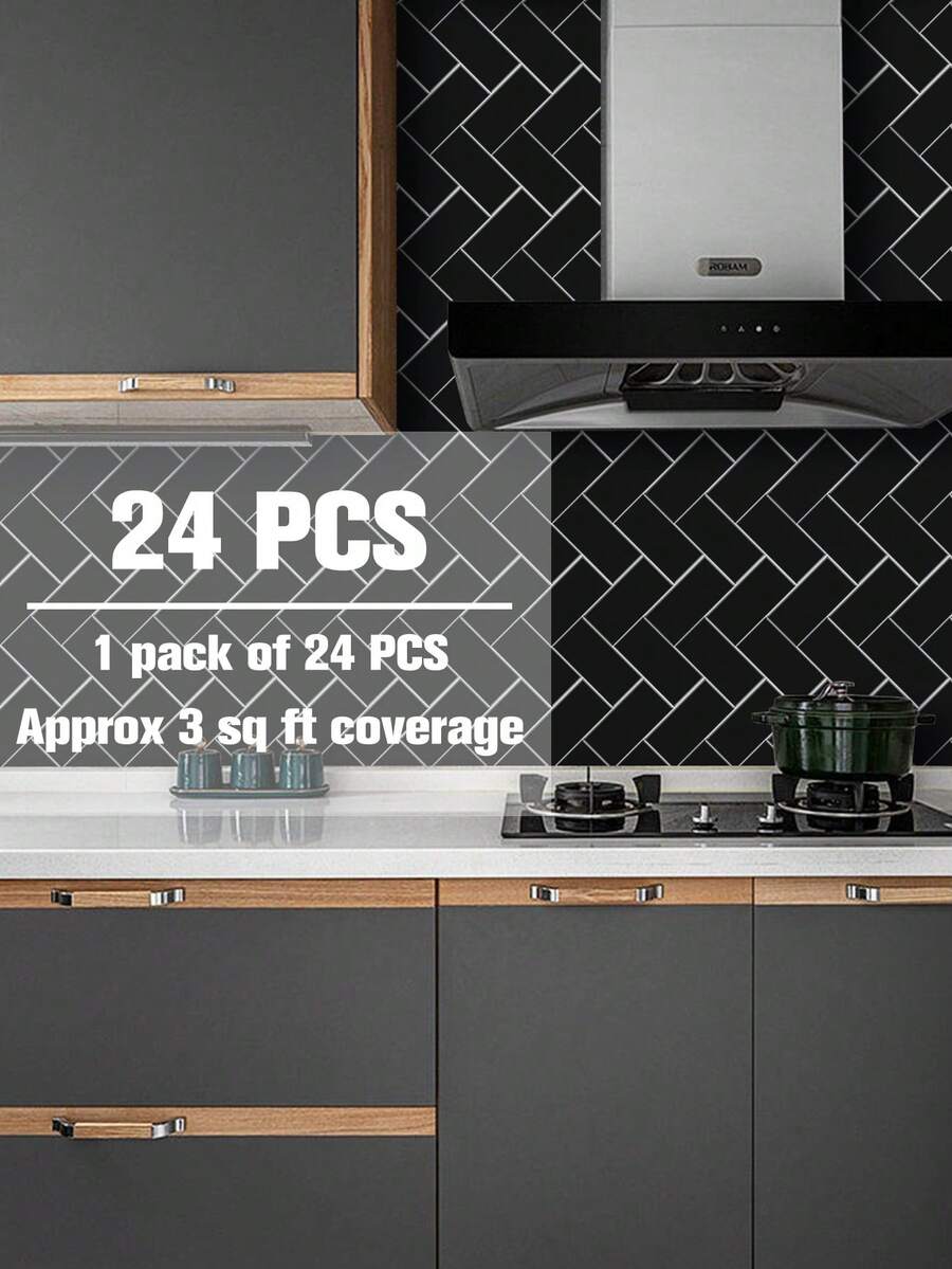24PCS/SET Brick Pattern 3D Textured Wall Panels DIY Tiles,Removable And Waterproof Self Adhesive Wall Tile Sticker Kitchen Bathroom Backsplash -Black Big Brick - Black - View 1