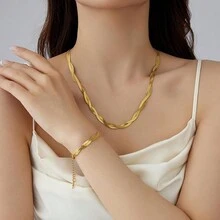 1pc Unique Braided Double Layer Snake Bone, Blade & Clavicle Chain Necklace For Women - Gold - View 1