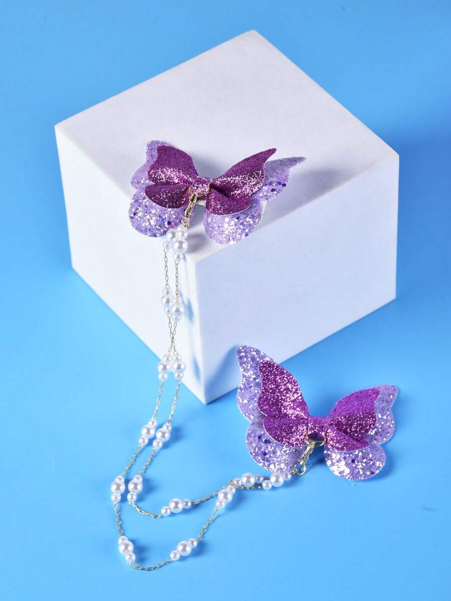 1 Kẹp Tóc Dây Ngọc Trai Hình Bướm Thanh Lịch Và Sáng Bóng Cho Bé Gái - Màu tím  Violet - Xem 1