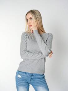 Plain Sweater With Flower Glitter - 灰色 - 查看 2