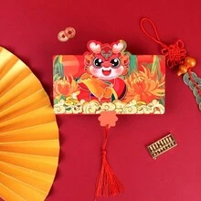 新年可摺疊龍紋紅包,帶來好運和儀式感,內有6個卡槽 - 紅色 - 查看 3