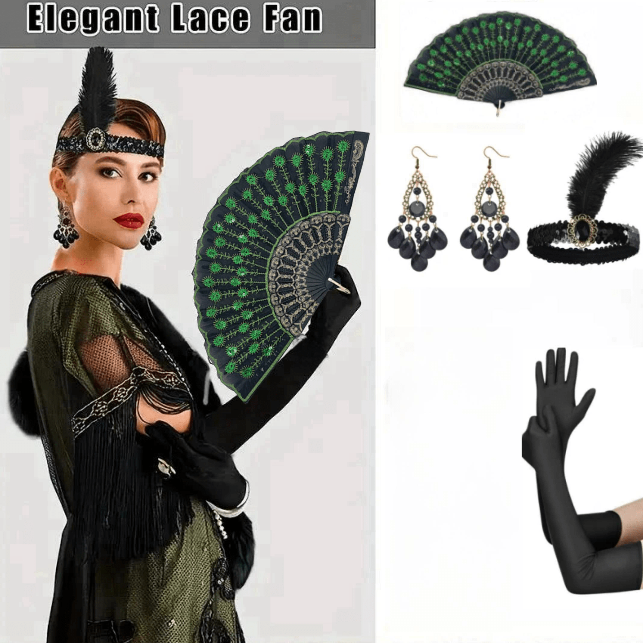 4pcs, 1920s Accessories Set Headband Gloves Earrings Folding Fan, 20s ...
