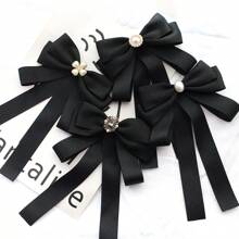 1pc Women's Bow Tie With Matte Pearl & Detachable Bowknot Ribbon Pin, Preppy Style Accessory - Black - View 3