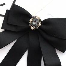 1pc Women's Bow Tie With Matte Pearl & Detachable Bowknot Ribbon Pin, Preppy Style Accessory - Black - View 4