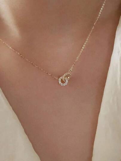 1pc Simple Basic Style Unique Fashionable Minimalist Delicate Luxury S925 Silver Necklace With Double Ring Linked Charm, Plated 14k Gold Collarbone Chain For Women, Ideal Gift For Daily Wear