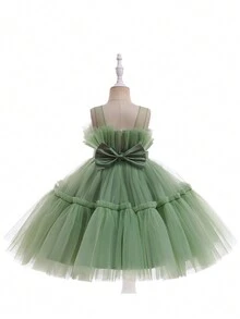 Vestido De Princesa Sólido Sin Mangas Para Niñas De Talla Intermedia Con Malla Y Detalles De Lazo Y Flor - Verde - Ver 4