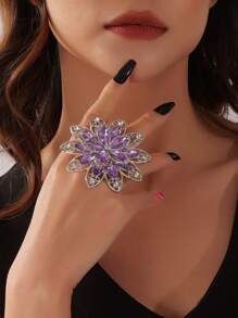 時尚奢華誇張花卉裝飾戒指適合日常、婚禮和派對佩戴 - 銀色 - 查看 2