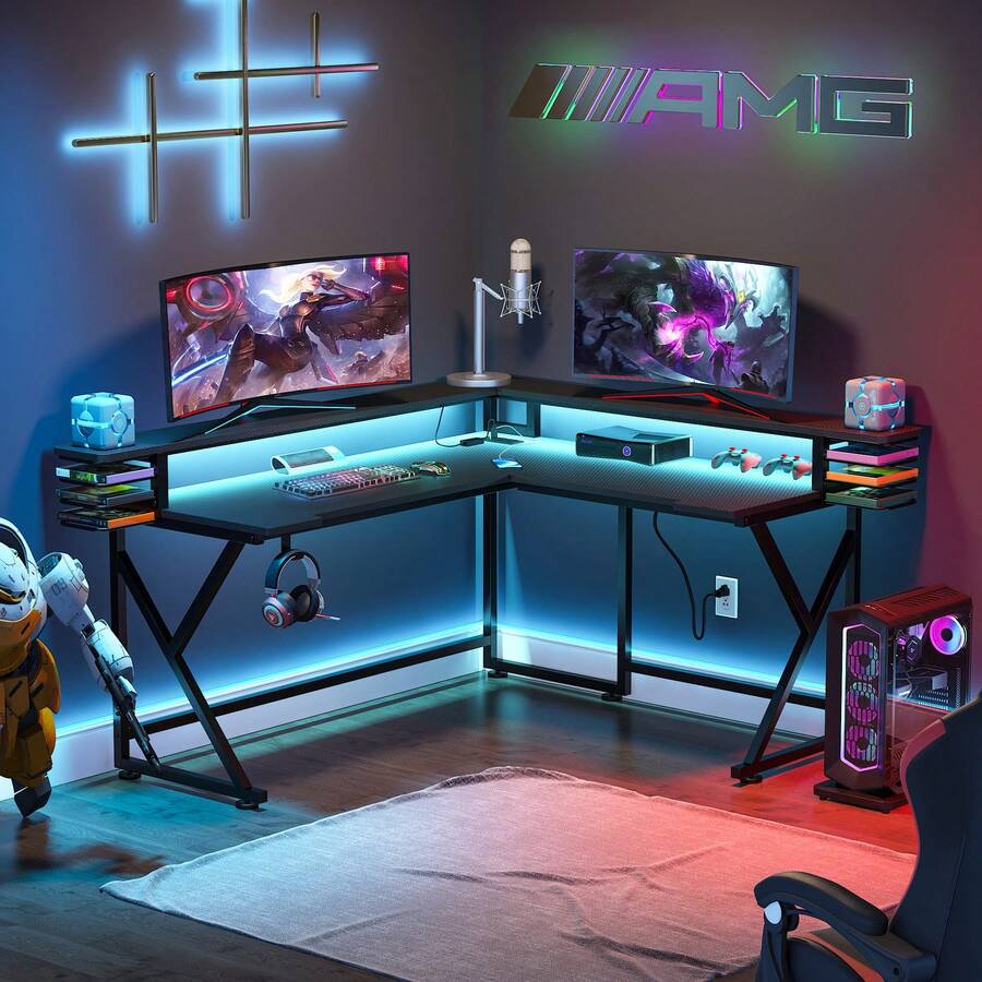 Tribesigns L Shaped Computer Desk With Led Lights & Power Outlet, 61 Inch LShaped Gaming Desk