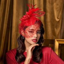 Mũ Fascinator dành cho nữ mới - Mũ tiệc trà Kentucky Lưới Fascinators Mũ Derby Hoa cưới Kẹp tóc lông vũ Thanh lịch - Đỏ - Xem 1