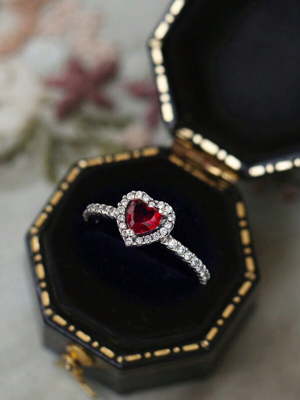 Stylever 1 pieza Anillo vintage de corazón colorido con circonita, joyería de plata de ley 925 para mujer, anillo de promesa glamoroso, regalo de joyería fina para mujeres, para vida diaria, citas, decoración y San Valentín