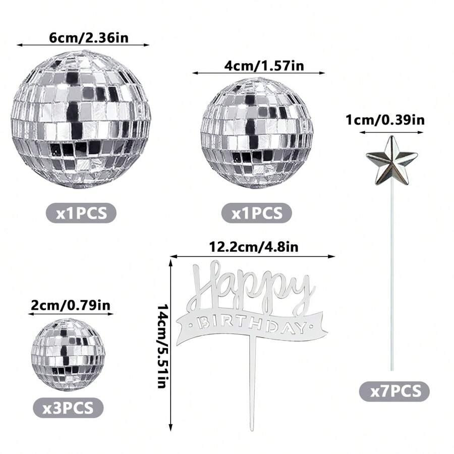 16pcs/Set Silver Disco Ball & Star Cake Toppers For Decorating Party