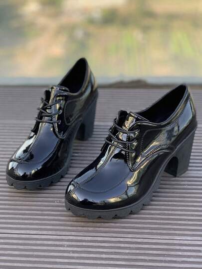 SHIHUA 2024 New Black British Style Women's Small Leather Shoes, Chunky Heel, Fashion Patent Leather Waterproof Shoes, All-Match Lace-Up Thick Heel Mother Shoes For Spring And Autumn