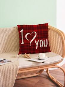 1入浪漫美麗的紅色格子白色字母剪裁手繪愛心情人節印花麻布坐墊套,適用於日常家居裝飾和節慶氛圍或替換枕套 - 彩色 - 查看 4