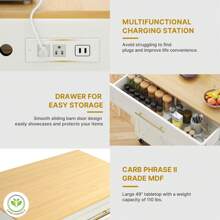 53" Rolling Kitchen Island With Double Tilt Out Trash Can Cabinet And Charging Station Utility Trolley With Drawer For Kitchen (Not Included Trash Can)) - White & Oak - View 5