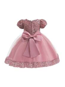 Vestido de fiesta para niña con lentejuelas, malla y lazo en la espalda, adecuado para fiestas de cumpleaños - Rosa vieja - Ver 2