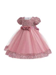 Vestido de fiesta para niña con lentejuelas, malla y lazo en la espalda, adecuado para fiestas de cumpleaños - Rosa vieja - Ver 3