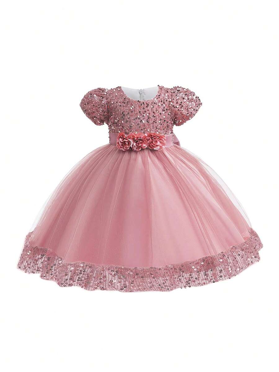 Vestido de fiesta para niña con lentejuelas, malla y lazo en la espalda, adecuado para fiestas de cumpleaños - Rosa vieja - Ver 1