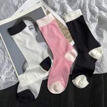1入韓系女士柔軟舒適的條紋拼色中筒襪,夏季休閒襪子 - 彩色 - 查看 1