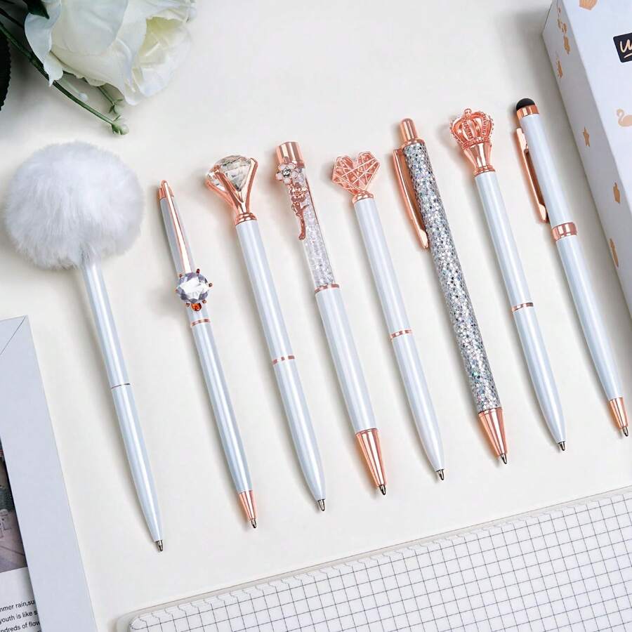 8 Pieces Ballpoint Pen Set Metal Crystal Diamond Pen Glitter Pen For Journaling Black & Blue Ink Pretty Cute Writing Pens Fancy Pens Gifts For Women Office Home Suitable For Pupils, Students, Colleges - 白色 - 查看 1
