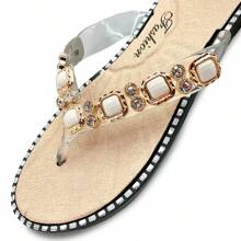Shendy Vendy Sandalias Mujer con Piedreria de Cristales Brillantes Para Interior Y Exterior, Antideslizantes, Zapatillas de casa de Moda para interiores dormitorio/sala de estar, otoño e invierno,sencilla y texturizada, ideales para las vacaciones de verano chanclas Casuales de Mujer - Dorado - Ver 7