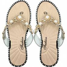 Shendy Vendy Sandalias Mujer con Piedreria de Cristales Brillantes Para Interior Y Exterior, Antideslizantes, Zapatillas de casa de Moda para interiores dormitorio/sala de estar, otoño e invierno,sencilla y texturizada, ideales para las vacaciones de verano chanclas Casuales de Mujer - Dorado - Ver 4