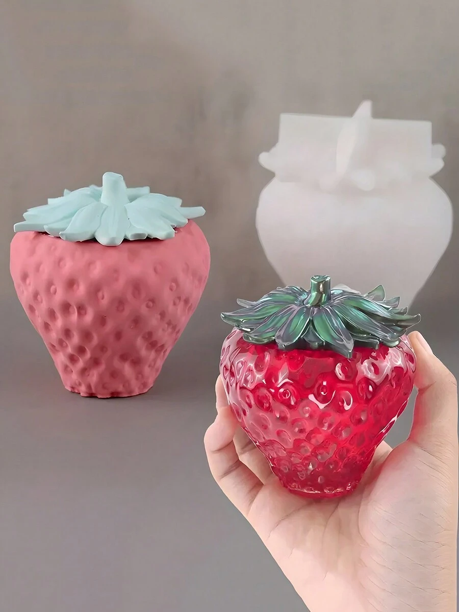 DIY Cute Strawberry Fruit Shaped Storage Can Silicone Mold Jewelry Storage Box With Lid Cement Gypsum Resin Casting Mold Scented Candle Cup Candle Holder Container Plaster Mold Handmade Succulent Flowerpot Concrete Clay Mold Home Decoration Ornament