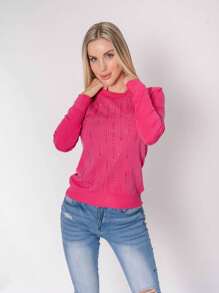Colorful Bright Long Sleeve Sweater - Hot Pink - View 1