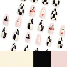 Add A Touch Of Creative With 24pcs Medium Almond Funny Ins Style Plaid  Cartoon Cute Cherry&Ghost Pattern Full Cover Fake Nai Kit For Women And Girls - Multicolor - View 2