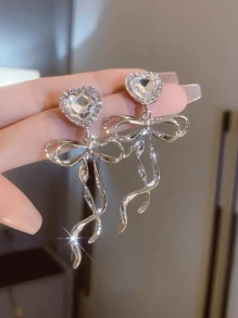 1pair High-End Heart & Bowknot Shaped Asymmetrical Design Earrings For Women, Fashionable And Versatile Ear Studs With Personalized Elegance, Suitable For Daily Wear - Love - View 2