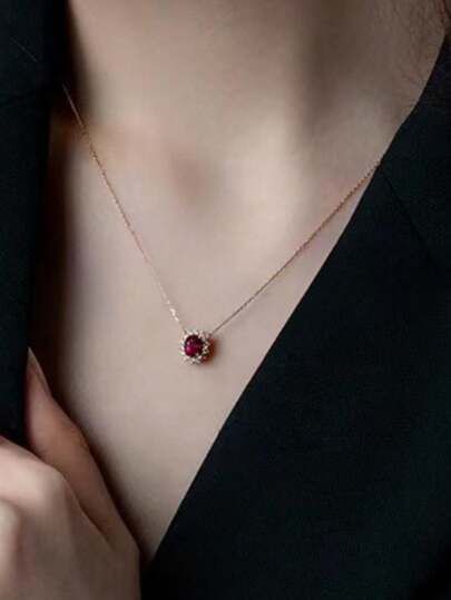 1pc Simple & Unique & Fashionable & Delicate & Light Luxury S925 Silver & 18k Gold Plated Red Garnet & Zirconia Pendant Necklace For Women As Casual Outfit Accessory And Gift