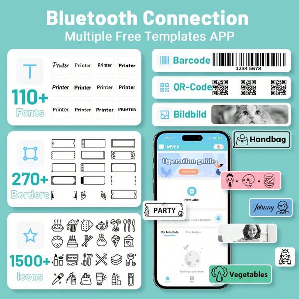M960 Mini Label Maker With Tape Portable Bluethooth Label Printer Sticker Inkless Impresora