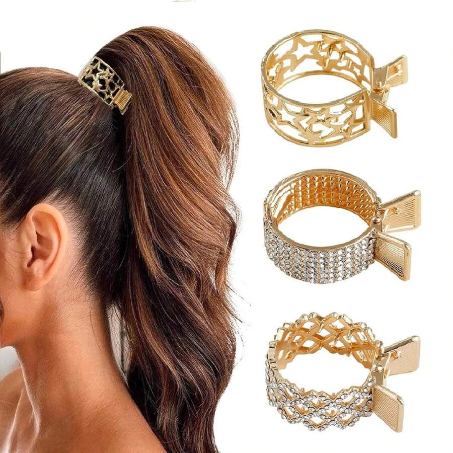 3pcs/Set Women's Gold Round Hair Clips With Rhinestones For High Ponytail Fixation, Anti-Slip, Suitable For Daily Wear, Home, Outdoor, Commute, Gift Elegant, School Hair Accessories For Women Claw Clips Hair Claws Hair Barrettes, School Stuff, Head Accessories, Hairpin - Gold - View 1