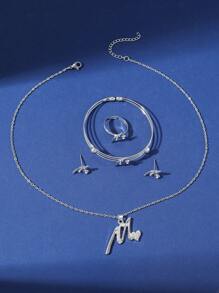 5pcs Heart & Rhinestone Decor Jewelry Set - Silver - View 5