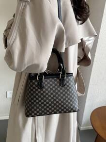 1 Piece Vintage Printed Double Handle Tote Bucket Bag Zipper Opening Shoulder Strap Adjustable Crossbody Bag Suitable For Women's Daily Casual Matching Use - Black - View 3