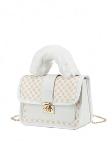 1 Peça Bolsa Plush Impressa Vintage Para Menina, Bolsa De Metal Fofa Com Alça Transversal, Bolsa Móvel Casual, Escolha Ideal Para Presentes