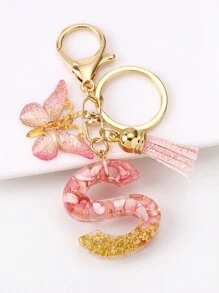 1pc Ladies' Creative Alphabet Design Resin Material European Style Keychain With Glitter & Butterfly & Tassel Pendant For Best Friends, Sisters, Or Female Friends As Gift - Multicolor - View 18