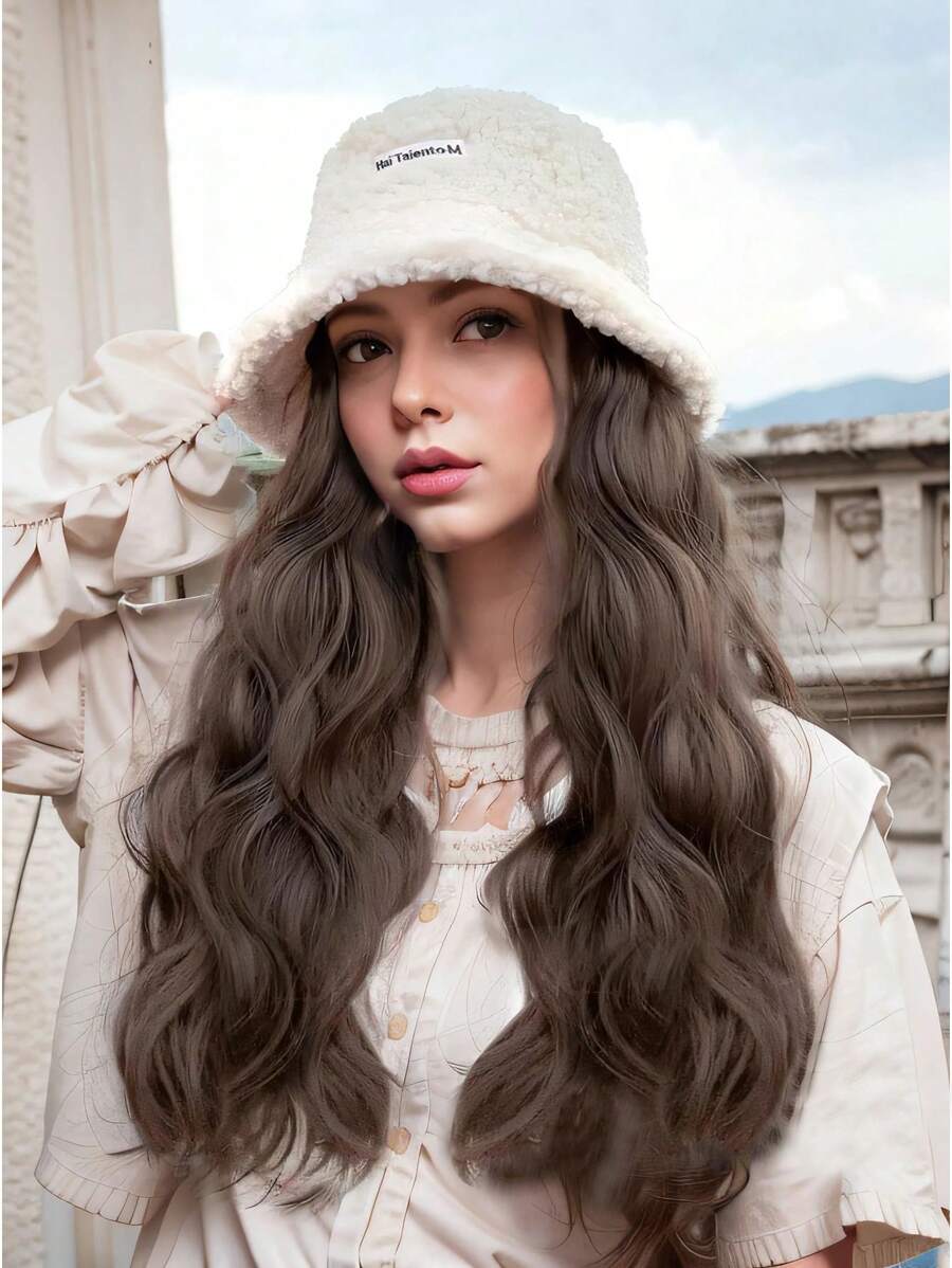 白色木馬捲羊羔毛冷棕色帽子假髮14吋合成纖維女蓬鬆天然合成假髮適合日常配戴 - 棕色 - 查看 1