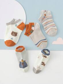 5 Pairs Of Cute Alphabet Bear Striped Tree Fashion And Versatile Daily Socks For Boy And Girl